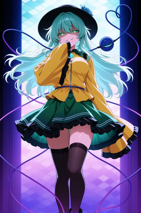 
masterpiece, best quality, amazing quality, very aesthetic, safe, \(touhou\), (Koishi komeiji), 1girl, aged up, floating, half-closed eyes, smirk, parted lips, [looking at viewer], hand on own mouth, alternate hairstyle, long hair, bangs, white pupils, me...