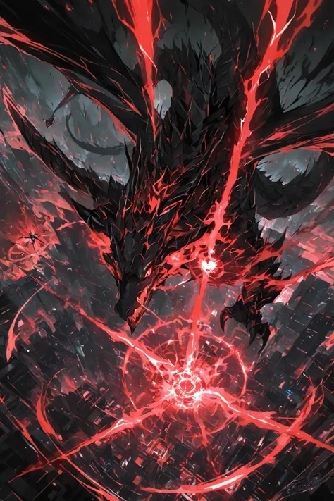 masterpiece, best quality,1 BLACK Dragon,best quality,heroic pose,dynamic angle,dynamic neon city background,with epic neon effect, high angle shot,like CCTV footage, magic burst of effects radiating from the center, outward flow of magic or particles, dy...