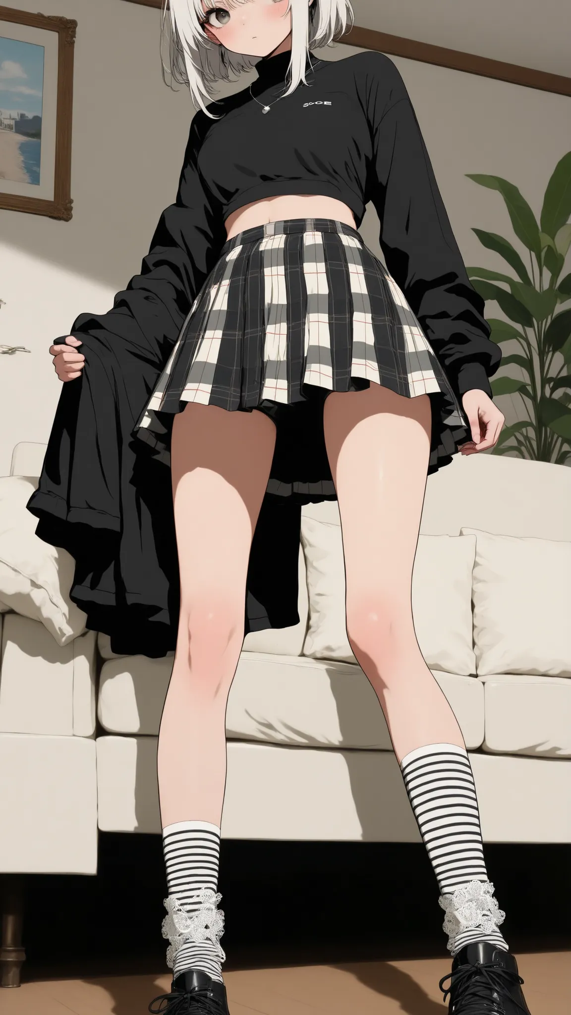 score_9, score_8_up , score_7_up , score_9,Score_9, Score_8_up , Score_7_up ,Create a Japanese-style private room picture, highlight the plaid skirt (lace), black and white striped socks, leg posture, combined with the sofa scene, to create a soft and deli...