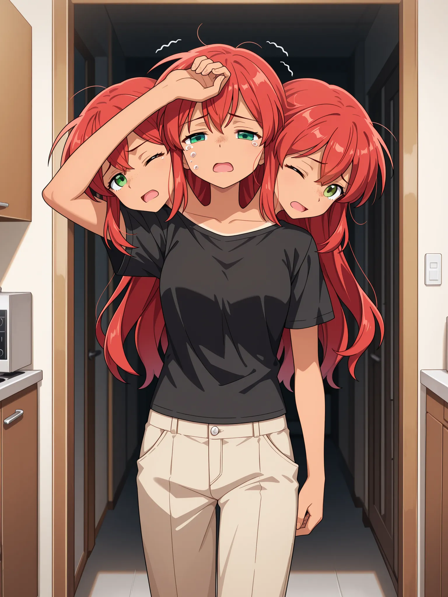 three heads, anime girl with three heads, weary, headache, hangover, in pain, dizzy, red hair, green eyes, one eye closed, open mouth, black t-shirt, tan pants, hand on forehead, apartment kitchen