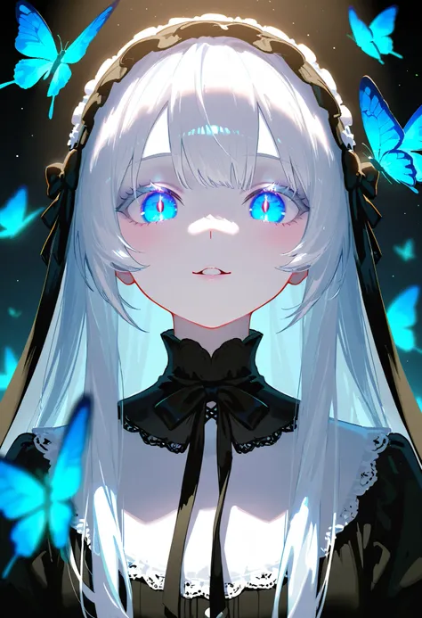 masutepiece, Highest Quality, (Perfect face:1.1), (high detailing:1.1), (ultradetailed eyes), Dramatic, superfine illustration, Extremely detailed, 1girl in, (pale skin), long White Hair, Ethereal eyes, blue eyes,tareme, (light eyebrow),blush,Solo, Smile, ...