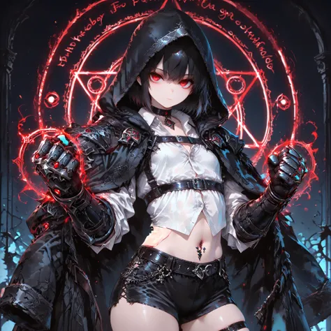 ((best quality)), ((masterpieces)), (detailed), perfect face, SOLO, ((((femboy)))), tomgirl, ANIME, beautiful detailed eyes, BOB hair, BOBed hair, BLACK hair, RED EYES, expressionless, hooded, Magical Eyes, dark background, ((BLACK HOODED coat draped over ...