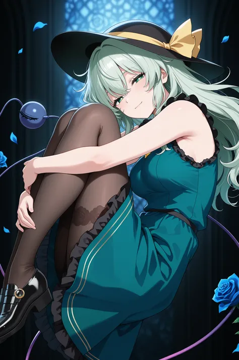 
masterpiece, best quality, amazing quality, very aesthetic, safe, \(Touhou\), from side, 1girl, Koishi Komeiji, aged up, half-closed eyes, light smile, light blush, floating, hugging own legs, looking at viewer, alternate hairstyle, long hair, bangs, gree...