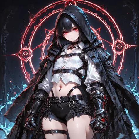((best quality)), ((masterpieces)), (detailed), perfect face, SOLO, ((((femboy)))), tomgirl, ANIME, beautiful detailed eyes, BOB hair, BOBed hair, BLACK hair, RED EYES, expressionless, hooded, Magical Eyes, dark background, ((BLACK HOODED coat draped over ...