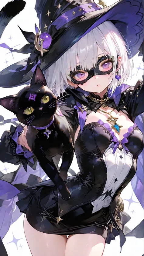 ,(masterpiece, detailed:1.2),dynamic pose, foreshortening, extreme perspective,(masterpiece:1.2, top quality), (beautiful detailed eyes: 1.2), ((1 Beautiful Girl)),  (beautiful background:1.2), (very detailed CG, Super Detailed),(VERY DETAILED AND BEAUTIFUL:1.1), (Perfect Details:1.1), 748cmstyle,A girl with white short bob hair, wearing a witch hat and a mini skirt, dancing with masked black cats at a masquerade ball, with magic sparkles around them