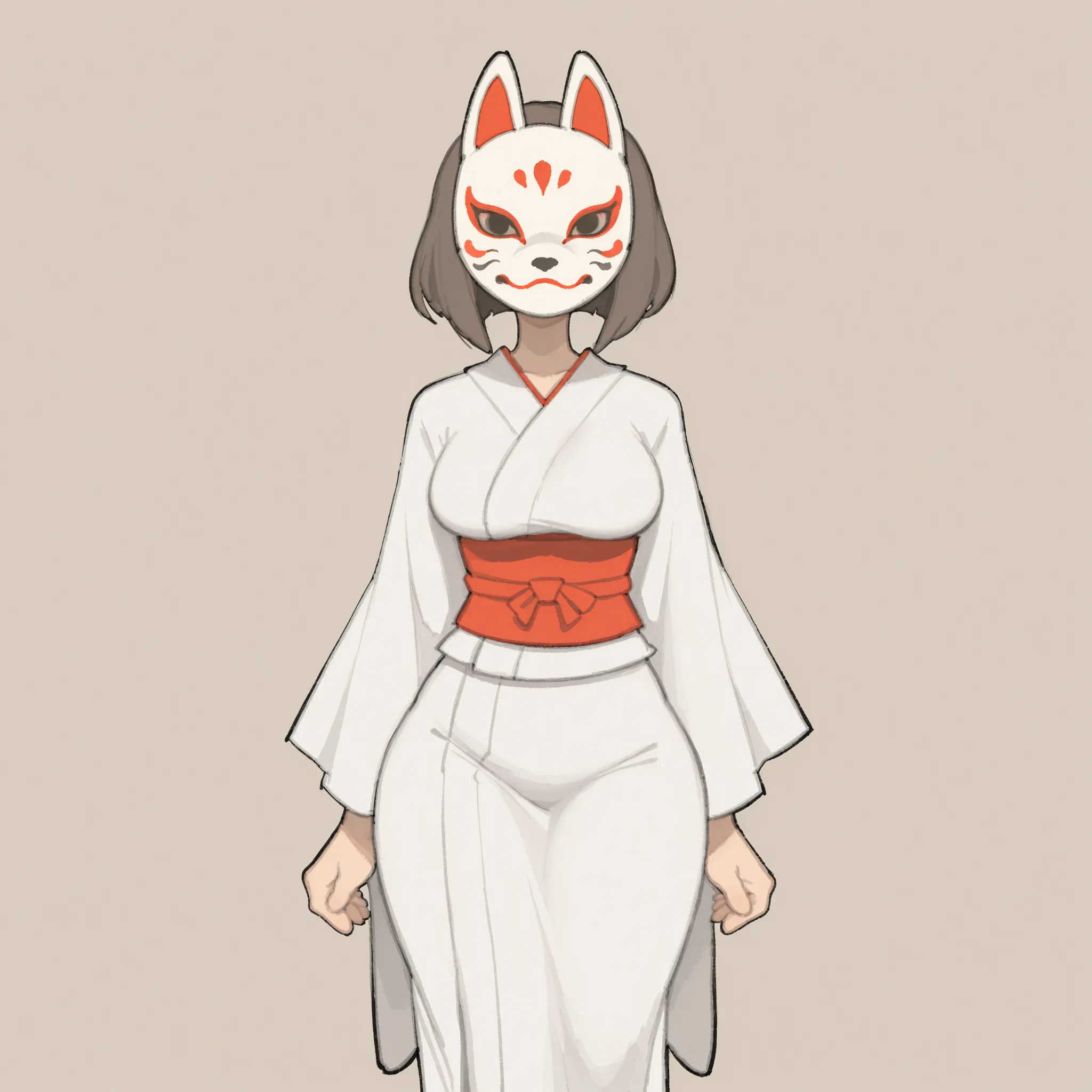 masterpiece, ultra-HD, impressionism, high detail, best quality, very aesthetic, 8k, best quality, beautiful, tmchng, 1girl, solo, short brown hair, bob cut, white fox mask, covered face, medium breasts, narrow waist, wide hips, thick thighs, slim, white k...