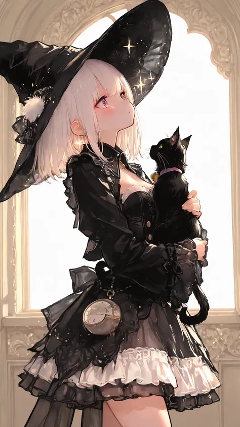 748cmstyle,Cute,(masterpiece:1.2, top quality), (beautiful detailed eyes: 1.2), ((1 Beautiful Girl)),  (beautiful background:1.2), (very detailed CG, Super Detailed),(VERY DETAILED AND BEAUTIFUL:1.1), (Perfect Details:1.1), 748cmstyle,A girl with white short bob hair, wearing a witch hat and a mini skirt, dancing with masked black cats at a masquerade ball, with magic sparkles around them