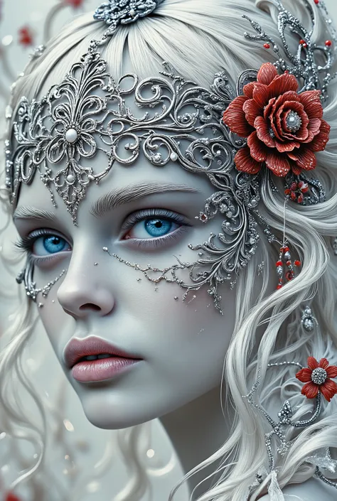 extreme macro facial close-up, high-contrast ink-wash image in luminous monochrome, the only color provided by deep-blue irises and red falling flower petals; faux shallow depth-of-field suggests large-aperture optics, soft side light from left sculpts low...