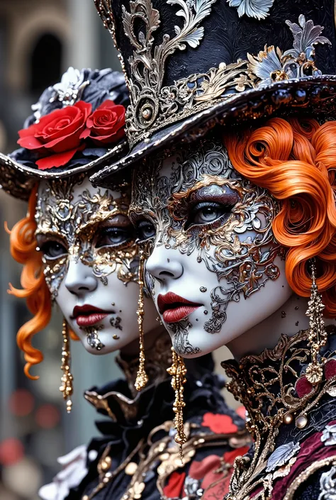 Two beautiful girls in close-up. The carnival has a very beautiful complex makeup, delicate precious silver masks and baroque fancy costumes. The Carnival of Venice. Bright orange baroque hairstyle, top hat.Theatricality, the style of Italian comedy. Red r...