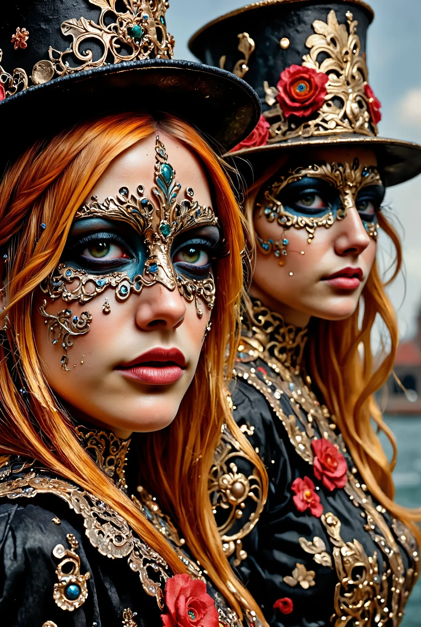 Two beautiful girls in close-up. The carnival has a very beautiful complex makeup, delicate precious silver masks and baroque fancy costumes. The Carnival of Venice. Bright orange baroque hairstyle, top hat.Theatricality, the style of Italian comedy. Red r...