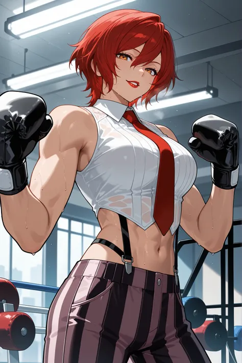 score_9, score_8_up, score_7_up, score_6_up, source_anime, BREAK masterpiece,   VanessaKOF, red hair, short hair,toned,sleeveless shirt, red necktie, black gloves, striped pants, navel, suspenders, gym, flowing hair, seductive smile, parted lips, red lips,...