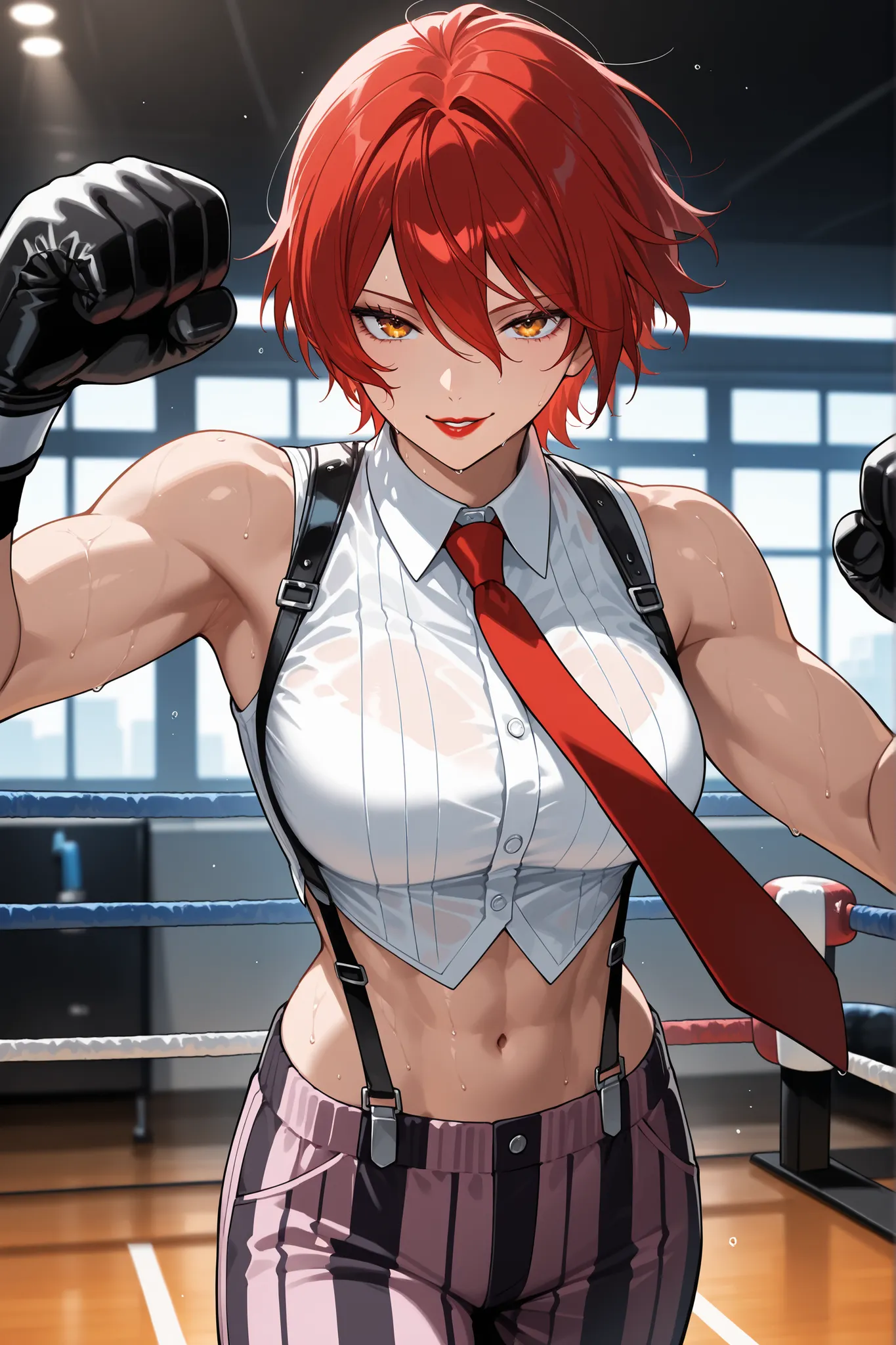 score_9, score_8_up, score_7_up, score_6_up, source_anime, BREAK masterpiece,   VanessaKOF, red hair, short hair,toned,sleeveless shirt, red necktie, black gloves, striped pants, navel, suspenders, gym, flowing hair, seductive smile, parted lips, red lips,...