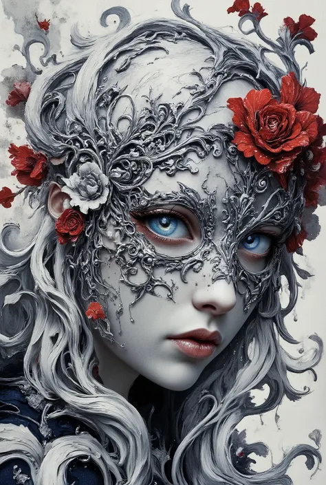 extreme macro facial close-up, high-contrast ink-wash image in luminous monochrome, the only color provided by deep-blue irises and red falling flower petals; faux shallow depth-of-field suggests large-aperture optics, soft side light from left sculpts low...