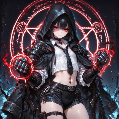((best quality)), ((masterpieces)), (detailed), perfect face, SOLO, ((((femboy)))), tomgirl, ANIME, beautiful detailed eyes, BOB hair, BOBed hair, BLACK hair, RED EYES, expressionless, hooded, Magical Eyes, dark background, ((BLACK HOODED coat draped over ...