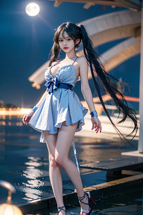 1girl,twintails,yuki miku, fingerless gloves, blue eyes, blue hair,(blue dress:1.1),ribbon, star \(symbol\), ,,((full body, from below)), (masterpiece, best quality, ultra-detailed, 8k), realistic, a beautiful sexy long-legged model on a tropical beach, (I...