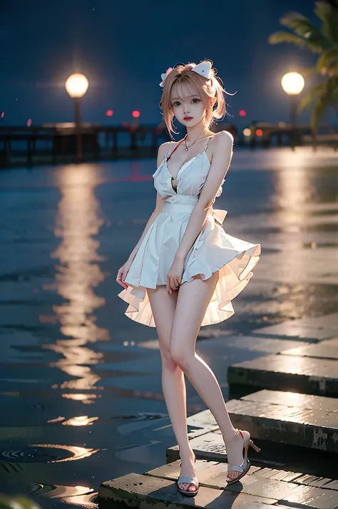 astolfo_md ,,((full body, from below)), (masterpiece, best quality, ultra-detailed, 8k), realistic, a beautiful sexy long-legged model on a tropical beach, (I-type Valley), (Full breasts, visible cleavage, very short skirt hem, exposed shoulders), (Tyndall...