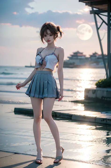 astolfo_srf ,,((full body, from below)), (masterpiece, best quality, ultra-detailed, 8k), realistic, a beautiful sexy long-legged model on a tropical beach, (I-type Valley), (Full breasts, visible cleavage, very short skirt hem, exposed shoulders), (Tyndal...
