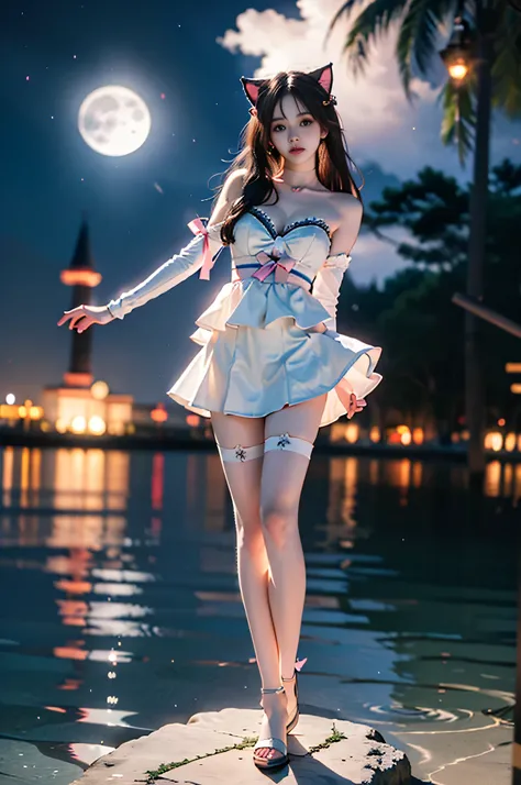 ahCat blue theme, cat ears, blue dress, sleeveless dress, pink ribbon, large ribbon, striped thighhighs, detached sleeves, collar, jingle bell ,,((full body, from below)), (masterpiece, best quality, ultra-detailed, 8k), realistic, a beautiful sexy long-le...