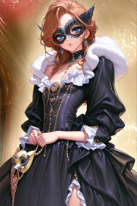 masquerade,Masquerade,female up,Masked woman ,heavy makeup, gorgeous, glittering dress,shines,beautiful,Dramatic,Anime Chic, safe content(masterpiece, 最High Quality, High Quality, detailed background, complicated details,complicated,ultra high resolution, ...
