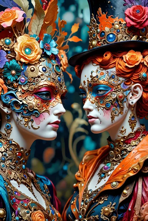 Two beautiful girls in close-up. The carnival has a very beautiful complex makeup, delicate precious silver masks and baroque fancy costumes. The Carnival of Venice. Bright orange baroque hairstyle, top hat.Theatricality, the style of Italian comedy. Red r...