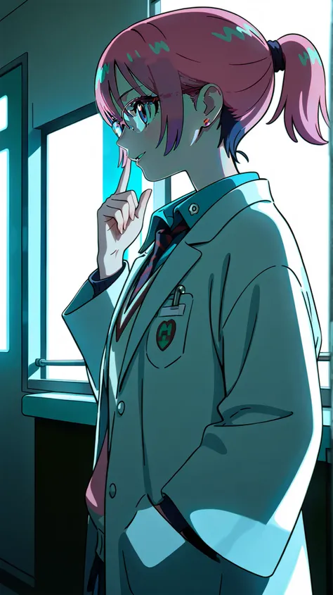 ((top quality)),((Very Detailed Color)),masterpiece,Realistic and colorful, young girl in white coat, stands in a confident posture. Left hand on waist、Touching the glasses with your right hand, long white coat with pockets {x} young intelligent female doc...