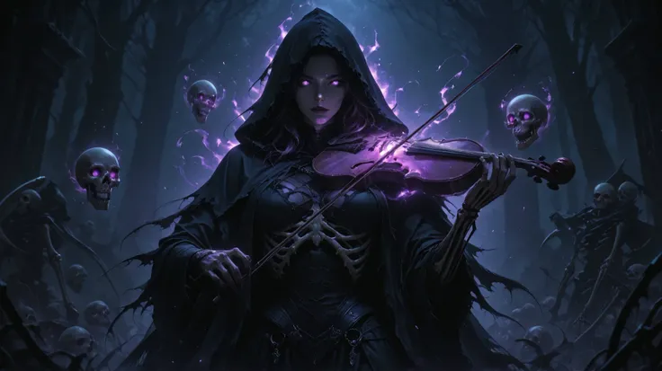 A skeletal reaper with glowing purple eyes, wearing a tattered black hooded cloak, playing a dark, enchanted violin. Surrounded by floating skulls and swirling purple magical energy, dark fantasy atmosphere, high detail, dramatic lighting, 4K, cinematic st...