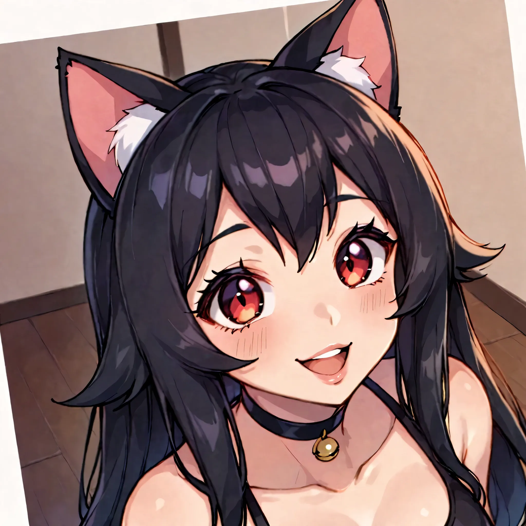 score_9, score_8_above, score_7_above, 1girl, happy, Excited, ((portrait)), ((curvy)), ((twitch emote)), ((( Linda way))), long hair, bangs , black hair with cat ears, , beautiful red eyes, Big eyes, Anime Eyes, eye pencil, long eyelashes, soft and full ...