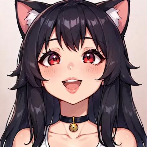 score_9, score_8_above, score_7_above, 1girl, happy, Excited, ((portrait)), ((curvy)), ((twitch emote)), ((( Linda way))), long hair, bangs , black hair with cat ears, , beautiful red eyes, Big eyes, Anime Eyes, eye pencil, long eyelashes, soft and full ...