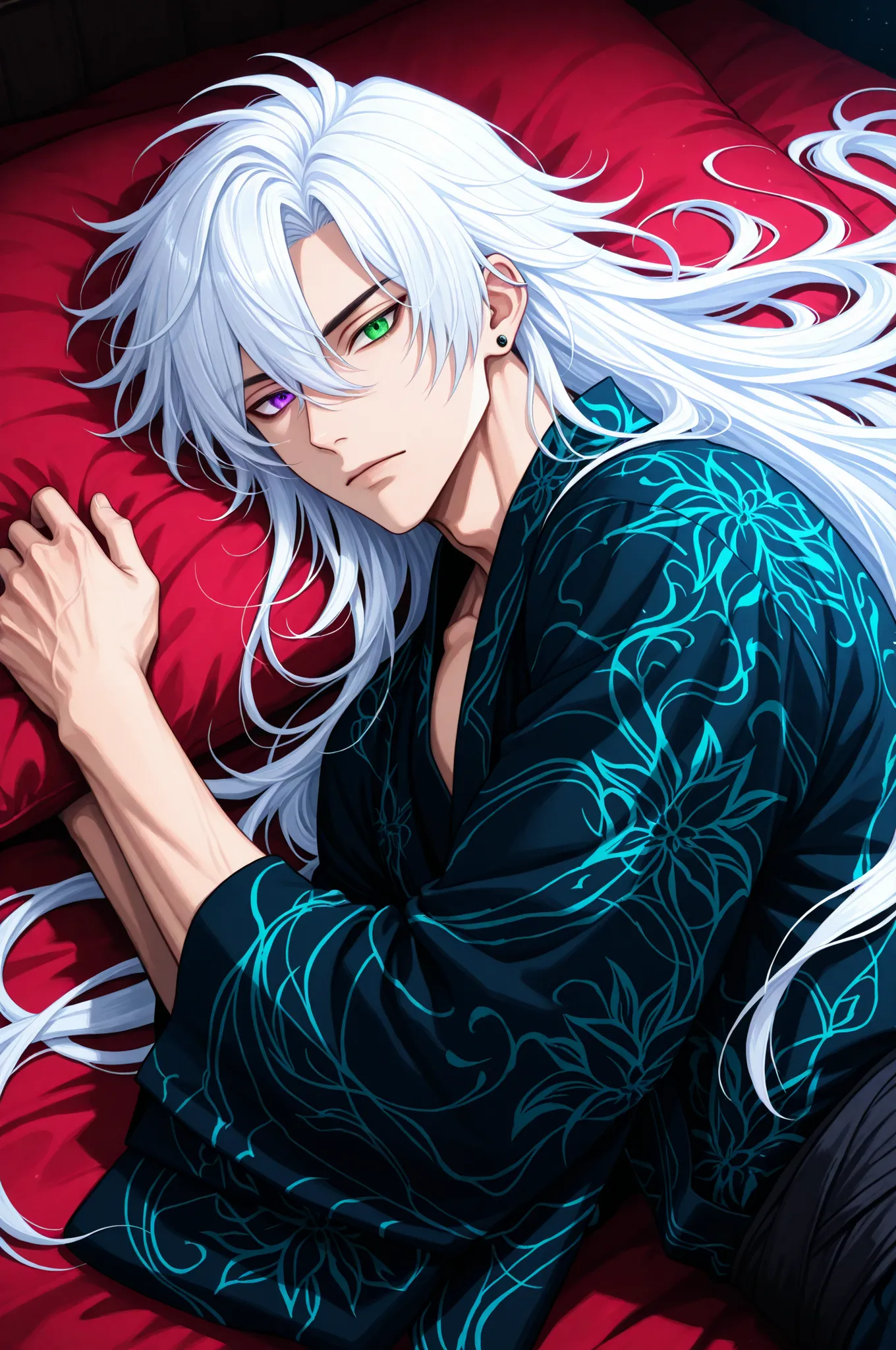 male, handsome, tall, finely detailed purple and green heterochromia eyes and detailed face, puffy lips,, ((very long white hair)), more details, humanoid dragon-god, looking at the viewer, light skin, lying down on bed, detailed textures, (((male focus)))...