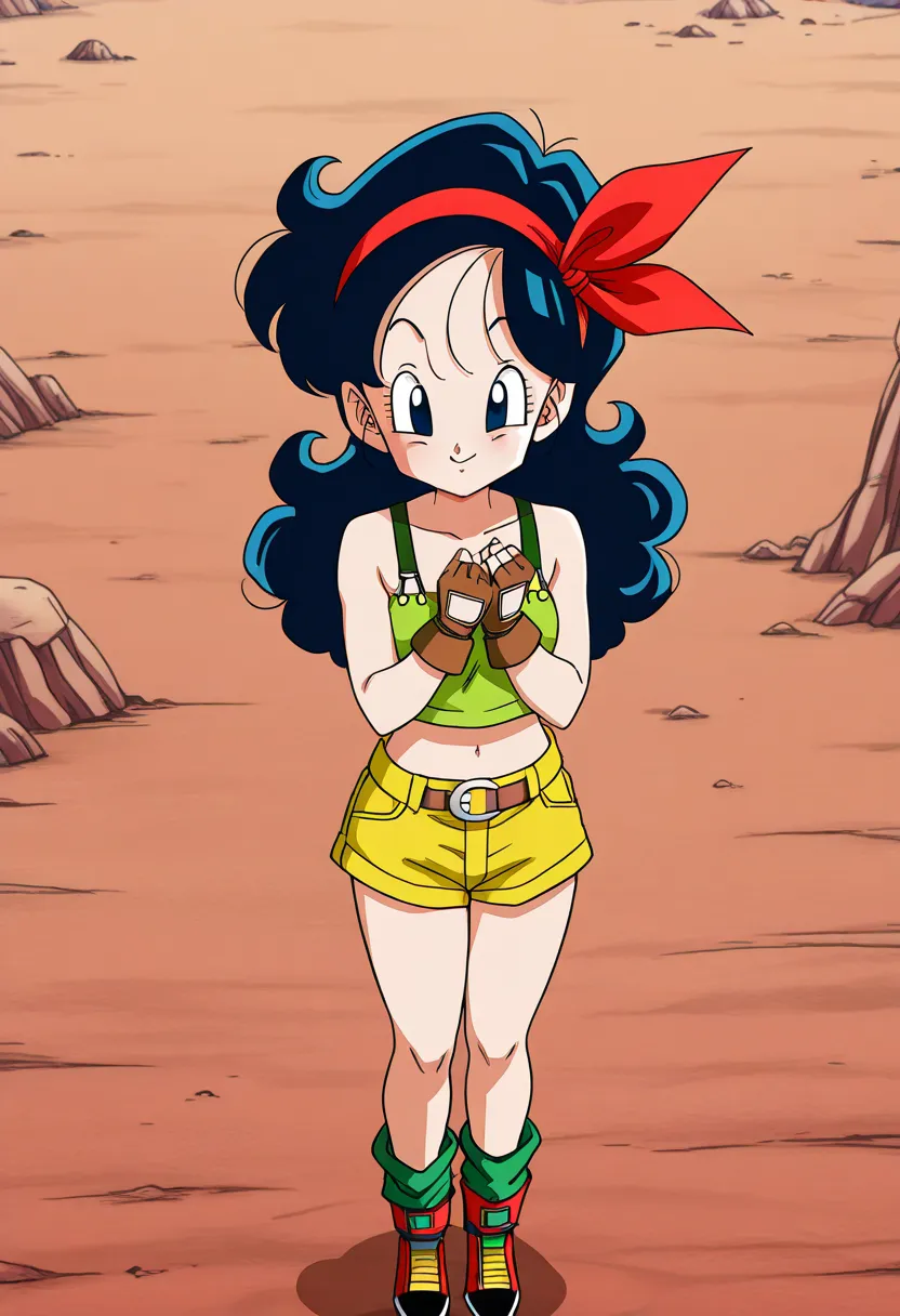  anime screencap, High Quality, Dragon Ball lunch（blue hair, chest, fingerless gloves, shorts, 1 person, press chest together, smile, blue eyes, Disconnect, green crop top, long hair, curl hair, midriff, brown gloves, ribbon, short shorts, Red Hair Band, bare skin shoulders, color bone, yellow shorts, shirt, Red footwear,  green legwear, Lashes）