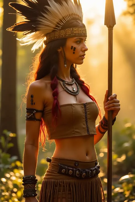 A fierce warrior woman standing in a sunlit forest,wearing a Native American-inspired outfit. She wears a majestic feathered headdress with long black and white feathers,adorned with a geometric-patterned tribal headband. Her long hair is braided,with vibr...