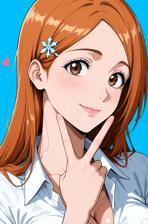 masterpiece, best quality, amazing quality, very aesthetic, absurdres, newest,highly detailed,highres,close-up portrait, female, woman, inoue orihime,hair clip,orange hair,long hair,brown eyes,fair skin,Shiny skin,pink lips,white collared shirt,simple back...