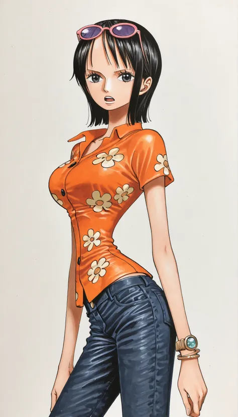girl ,Nami (one piece), , jewelry, breasts, black hair, ((straight hair)), detailed gray eyes, short hair, looking at viewer, bracelet, breasts, white background, , traditional media, (slim body, slim arms, slender body, ),narrow waist, open mouth, cowboy ...
