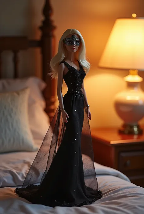 A professional figure photography style scene featuring a Barbie doll with semi-long blonde hair, standing gracefully on a smooth display base atop a nightstand. She wears an elegant masquerade party dress and a decorative mask, illuminated softly by the w...