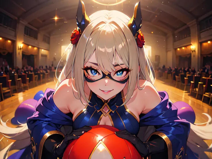The theme of the work is "Masquerade Ball", solo, upper body, POV, anatomically correct, surrounded by tentacles, ballroom, wearing mask, ball dress, crawling, creeping, approaching, smiling, highlights emphasized, sparkling eyes, shiny skin, natural light