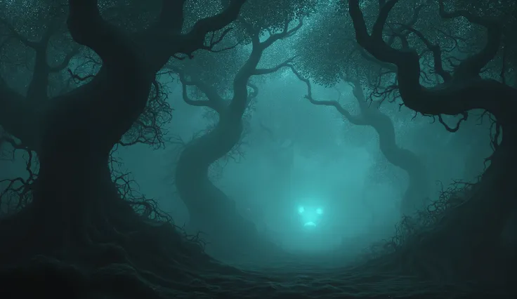 Creepy forest at night, foggy and mysterious, dark fantasy style, twisted trees, glowing eyes.