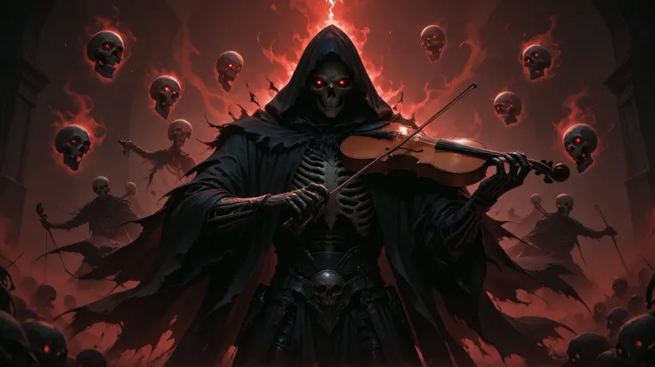 Front-facing grim reaper skeleton with glowing red eyes, wearing a tattered dark cloak, playing a cursed violin with both hands. Surrounded by thick red fog, floating skulls and ghostly souls. A dark red magical aura emanates from his body and violin. Goth...