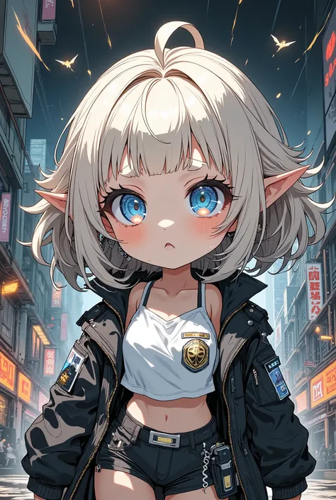 ultra detailed, absolutely resolution, masterpiece. 
cool beauty sexy elf, white shining glossy silky updo, captivating sparking eyes, lewd beauty expression, make up, lewd great body proportion, large breasts, wearing police uniform with miniskirt. 
backg...