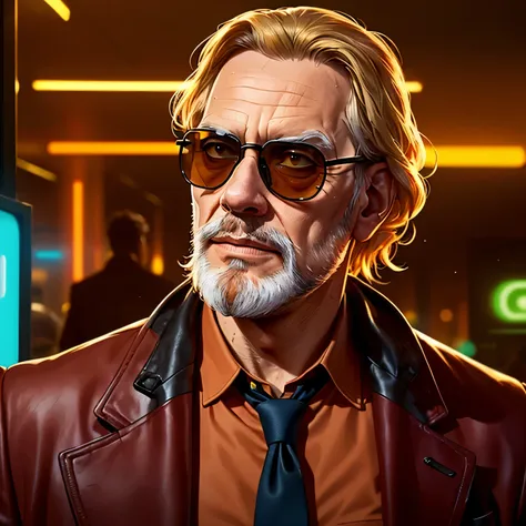 There is a man with a beard and sunglasses in a suit, Cyberpunk old man, Blade Runner 2049 style, Hannibal Chau aus Pacific Rim
