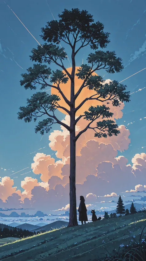 The image depicts a serene landscape with a large tree standing prominently in the foreground. The tree has a broad, spreading canopy and is casting a shadow on the grassy hill beneath it. The grass is lush and green, creating a vibrant contrast with the t...