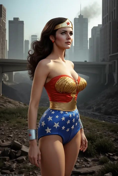 (Excellent masterpiece:1.5)0.7]，(wonder woman:1.2) ( messy brunette :1.1) (black eyes:1.2) (muscular:1.1) (Thick lips:0.9)， A photorealistic, high-resolution side-rear portrait of a beautiful, confident woman dressed in a classic 1970s Wonder Woman costume...