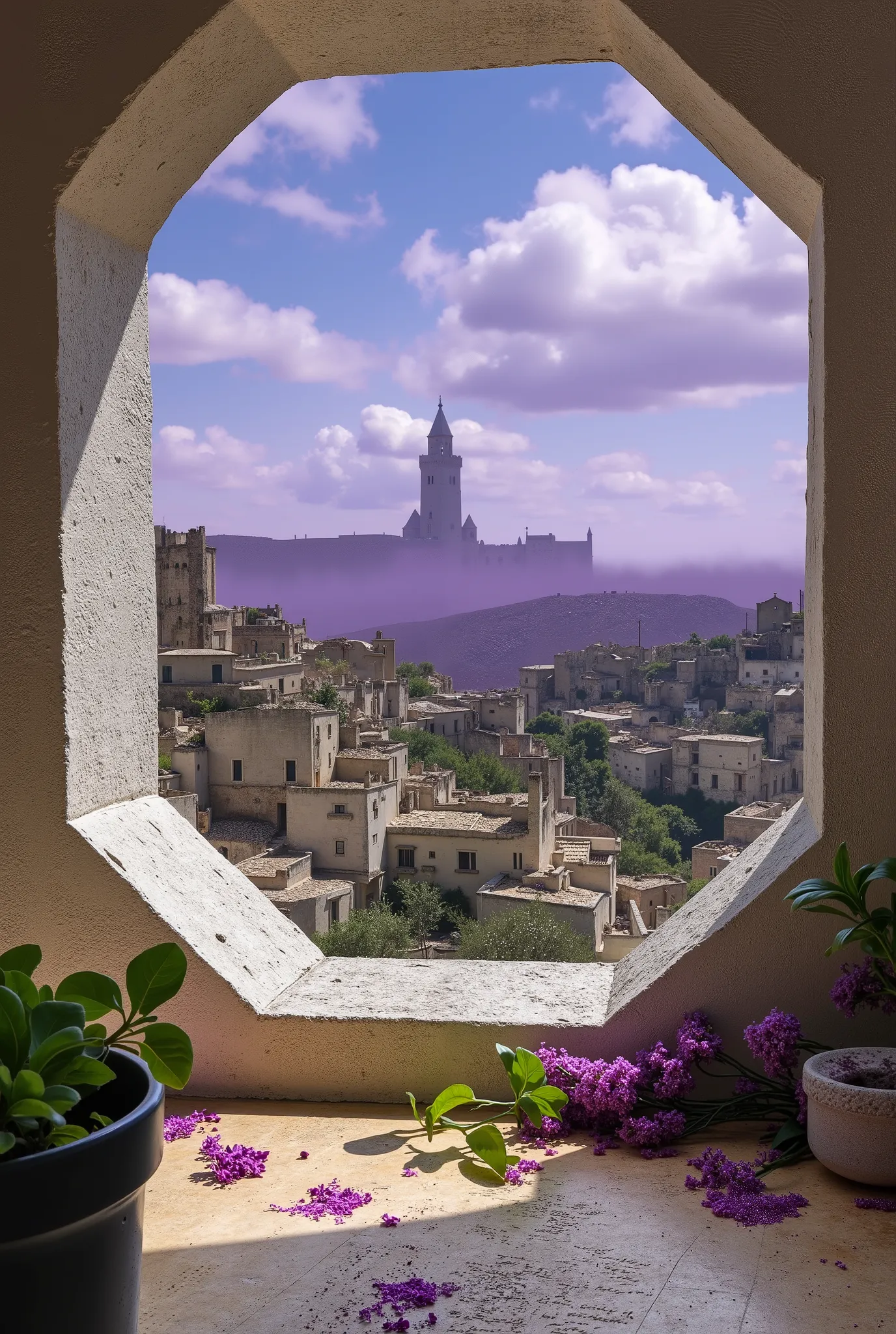 photorealistic shot. Microscopic, nano Closeup, Field of View, Short Exposure: antique wine glass with the shop landscape is cut out like a cube, with tuff church cathedral visible in a harsh, dilapidated medieval alleys with walls and a dungeon on a hill ...