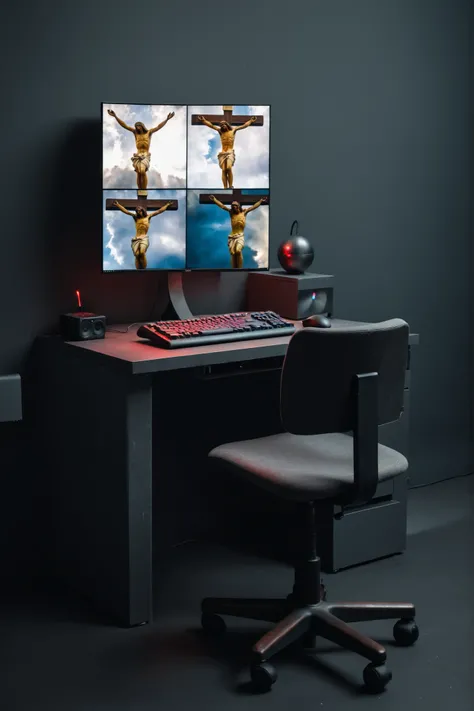 A minimalistic and modern workspace is centered in this image, characterized by an industrial-style, dark-toned desk and chair. A computer setup is present on the desk, with a keyboard and mouse positioned in front of a mounted display showing a four-panel...