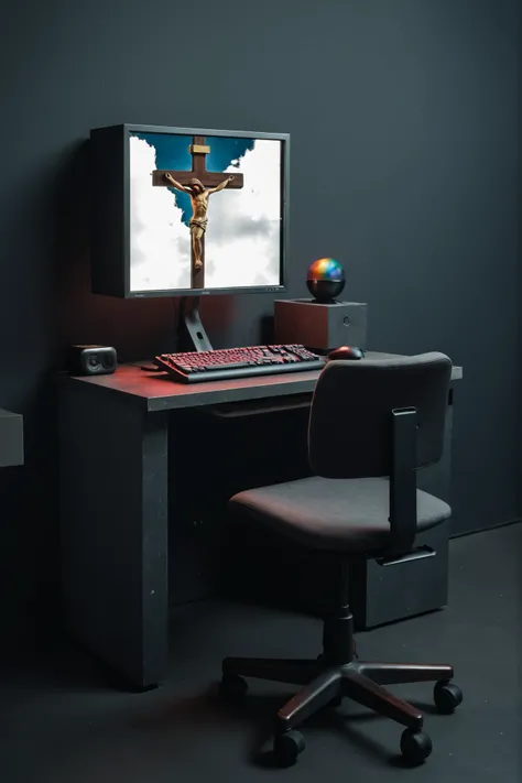A minimalistic and modern workspace is centered in this image, characterized by an industrial-style, dark-toned desk and chair. A computer setup is present on the desk, with a keyboard and mouse positioned in front of a mounted display showing a four-panel...