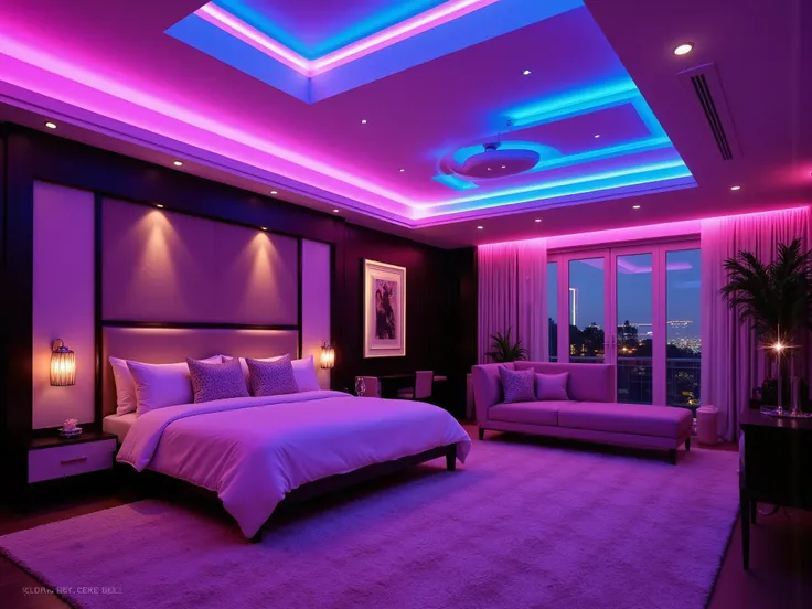 luxury mansion bedroom, neon colours, ultra modern, expensive, elegant, stylish, night, romantic, neon lighting
