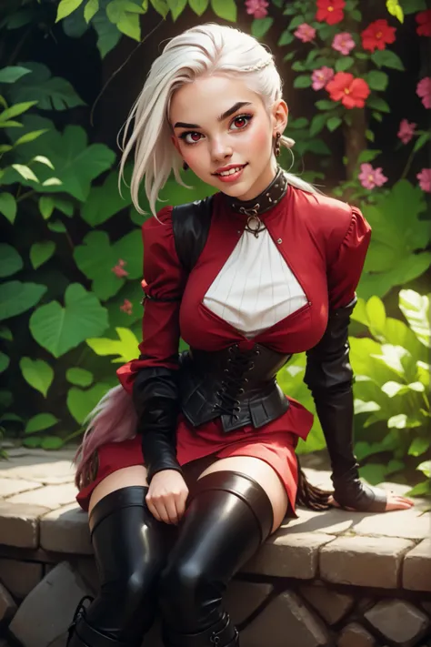 Slender body. White skin. Cute 18-year-old girl with big Indonesian/Aztec red eyes and unnaturally sharp teeth and black dreadlocks with white highlights. Sharp and pointy teeth. She has a cute and beautiful face. She has a round and young face. Her body i...
