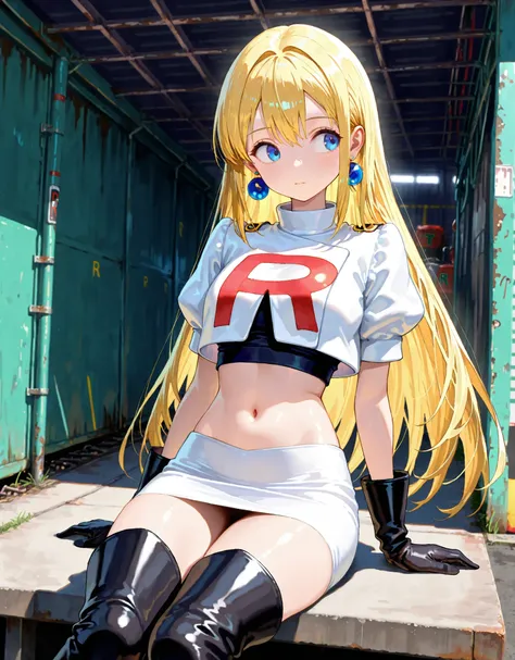 master piece,best quality,ultra detailed,ultra hires,32k,beautiful detailed face,beautiful detailed eyes,looking away,blue eyes,long golden hair,background is garage,white cropped short sleeve jacket, black gloves, earrings, thighboots, white skirt, team r...