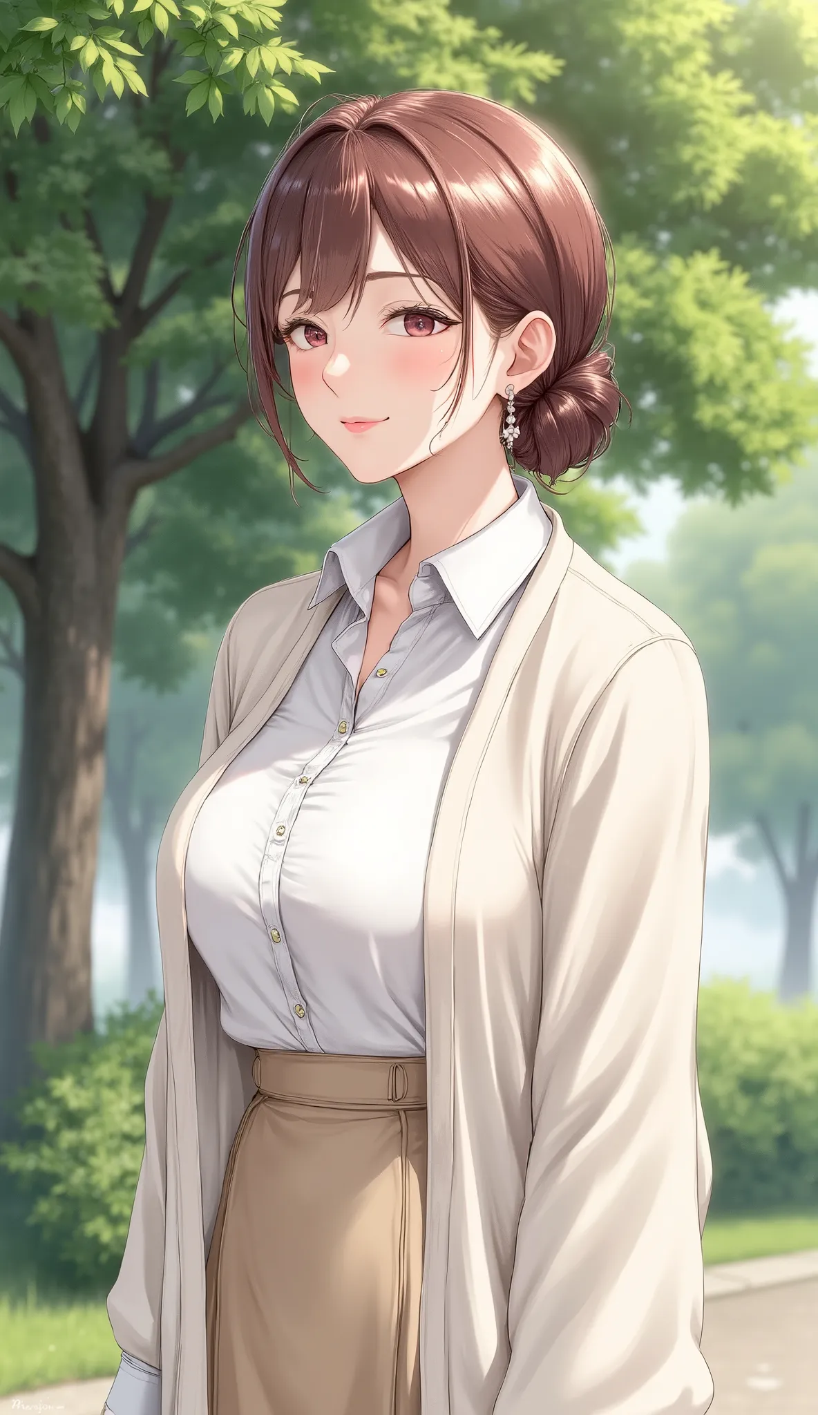 anime style inspired by Oda Non.  calm, A mature Japanese woman standing under a quiet park, Waiting to meet someone. she has maroon hair tied neatly into a low bun,  with a soft face, and warm, and a gentle smile full of kindness and compassion. She's wea...