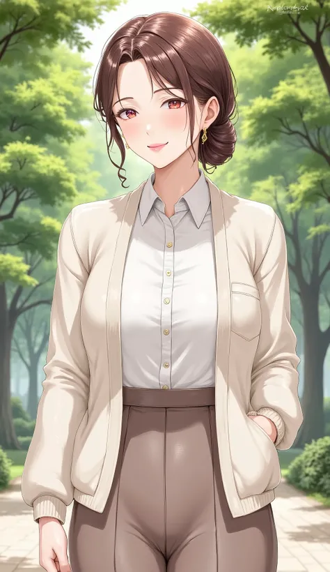anime style inspired by Oda Non.  calm, A mature Japanese woman standing under a quiet park, Waiting to meet someone. she has maroon hair tied neatly into a low bun,  with a soft face, and warm, and a gentle smile full of kindness and compassion. She's wea...
