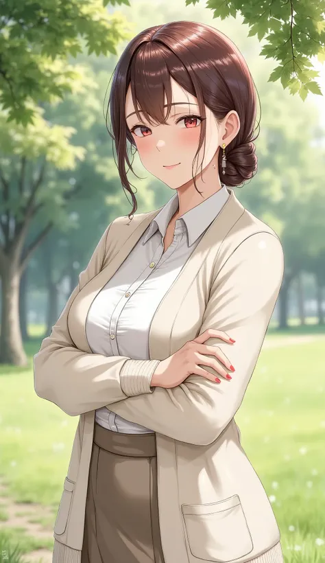 anime style inspired by Oda Non.  calm, A mature Japanese woman standing under a quiet park, Waiting to meet someone. she has maroon hair tied neatly into a low bun,  with a soft face, and warm, and a gentle smile full of kindness and compassion. She's wea...